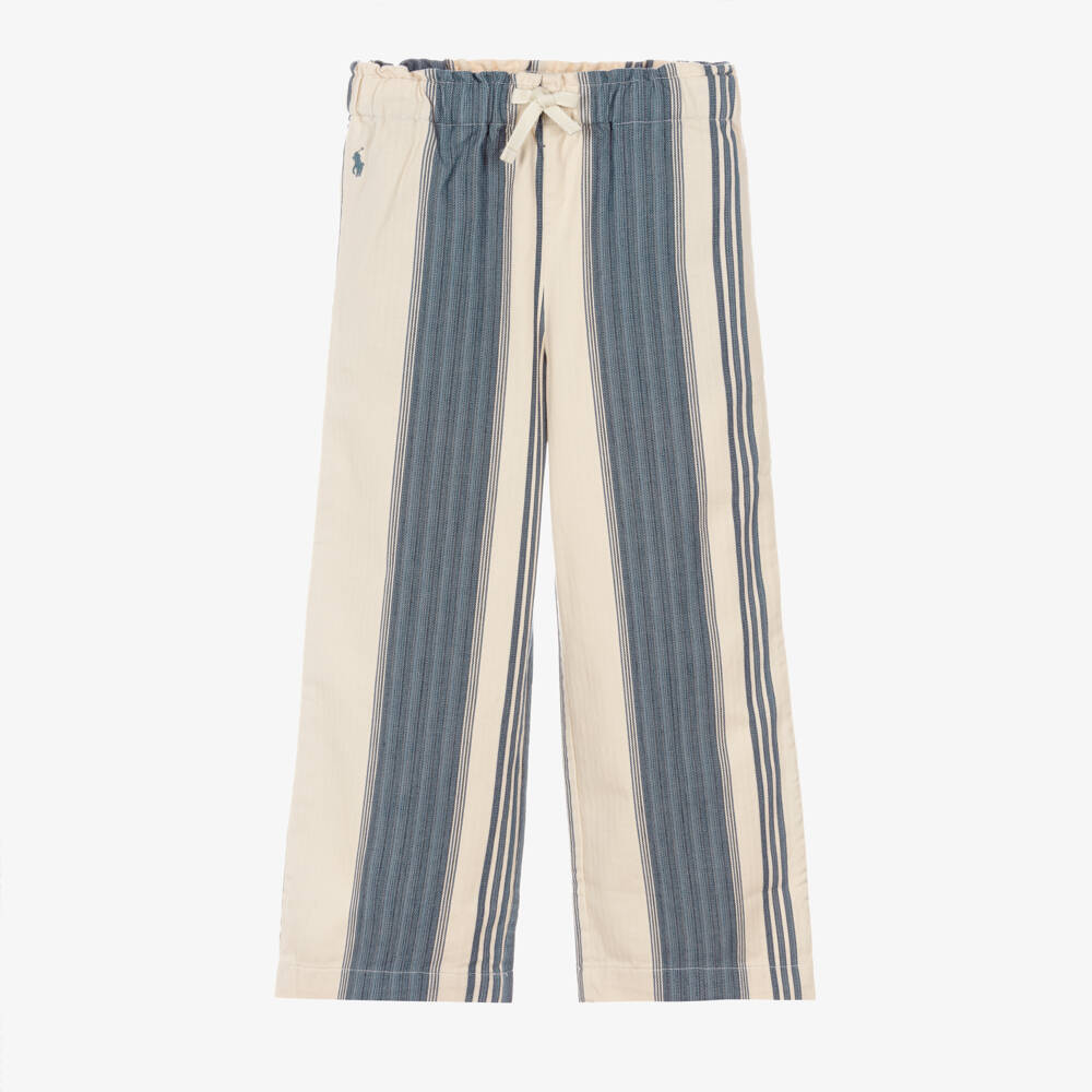 Ralph Lauren-Girls Beige & Blue Striped Cotton Trousers | Childrensalon
