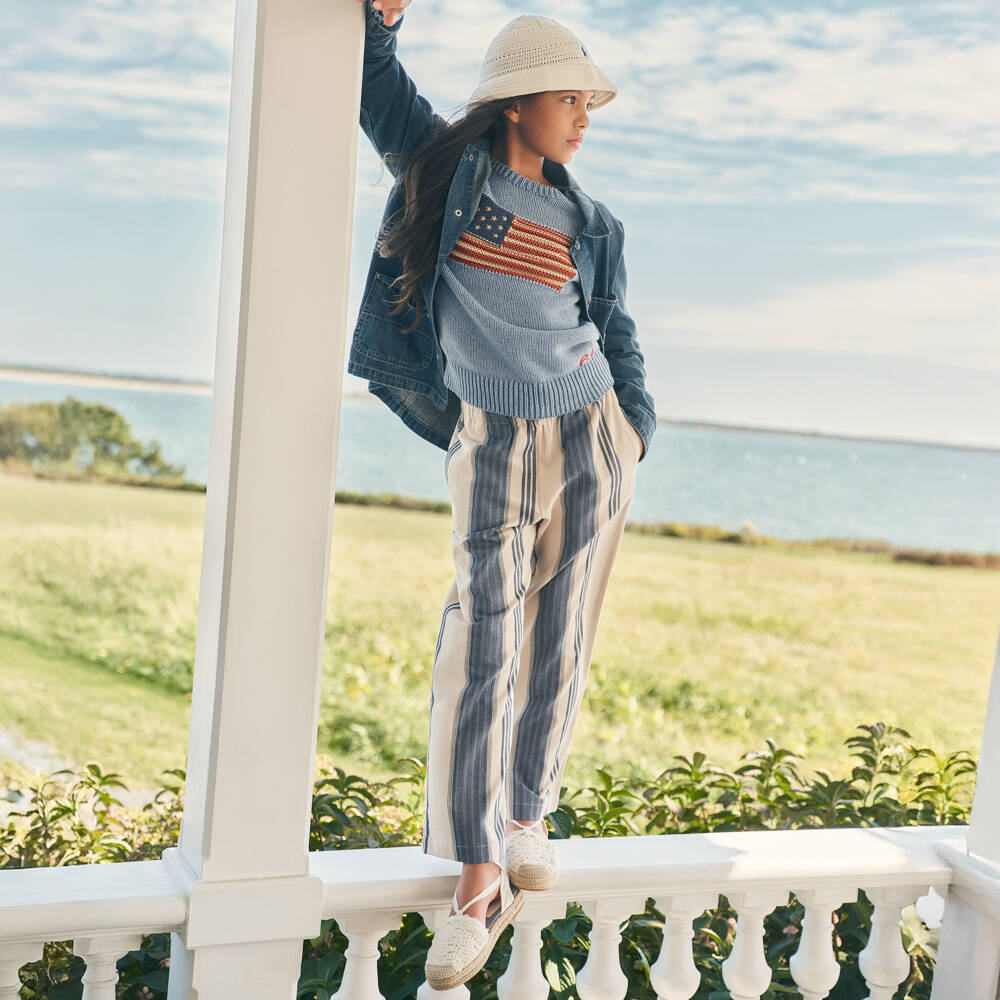 Ralph Lauren-Брюки бежево-синие в полоску из хлопка для девочек | Childrensalon