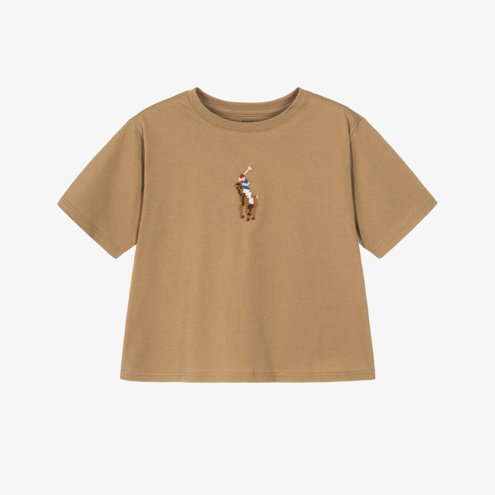 Ralph Lauren-Girls Beige Boxy T-Shirt with Big Pony | Childrensalon