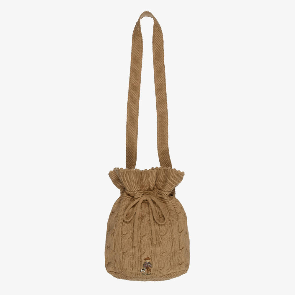 Ralph Lauren-Girls Beige Cotton Cable-Knit Bucket Bag (27cm) | Childrensalon