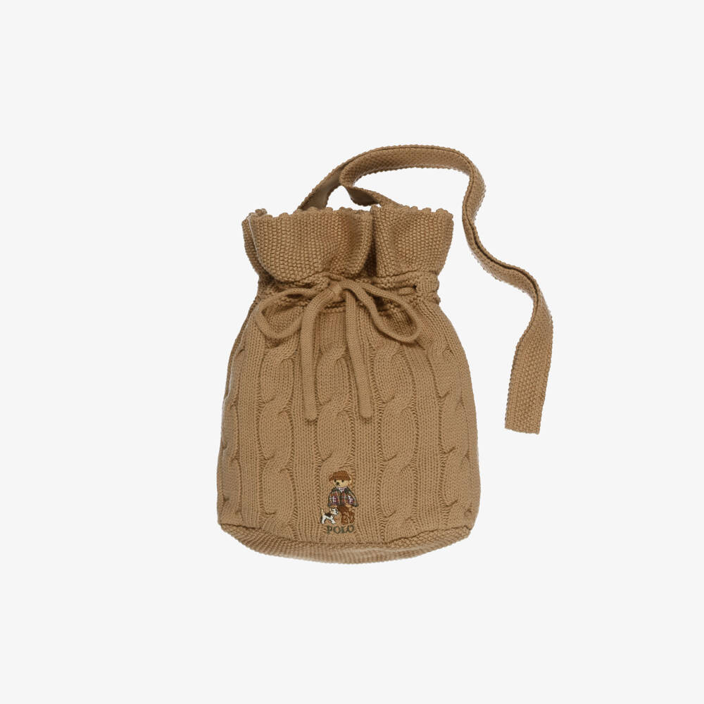 Ralph Lauren-Girls Beige Cotton Cable-Knit Bucket Bag (27cm) | Childrensalon