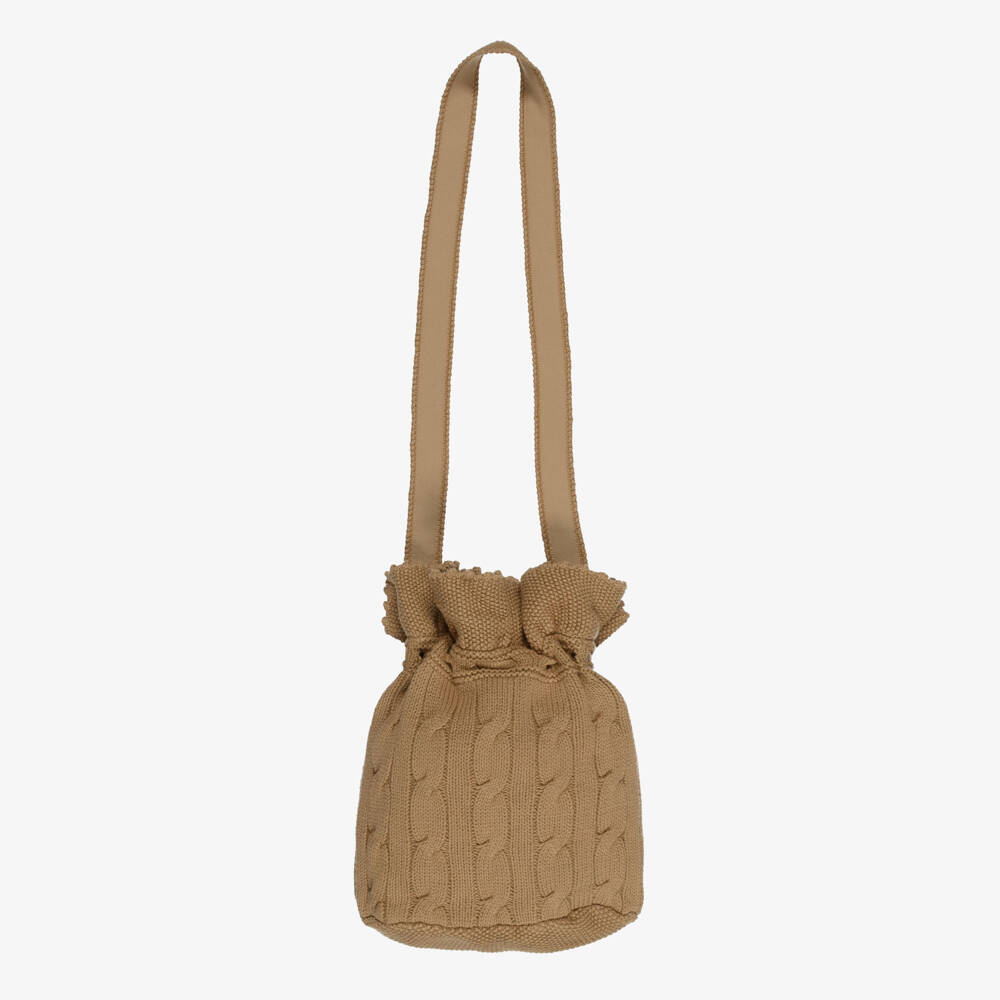 Ralph Lauren-Girls Beige Cotton Cable-Knit Bucket Bag (27cm) | Childrensalon