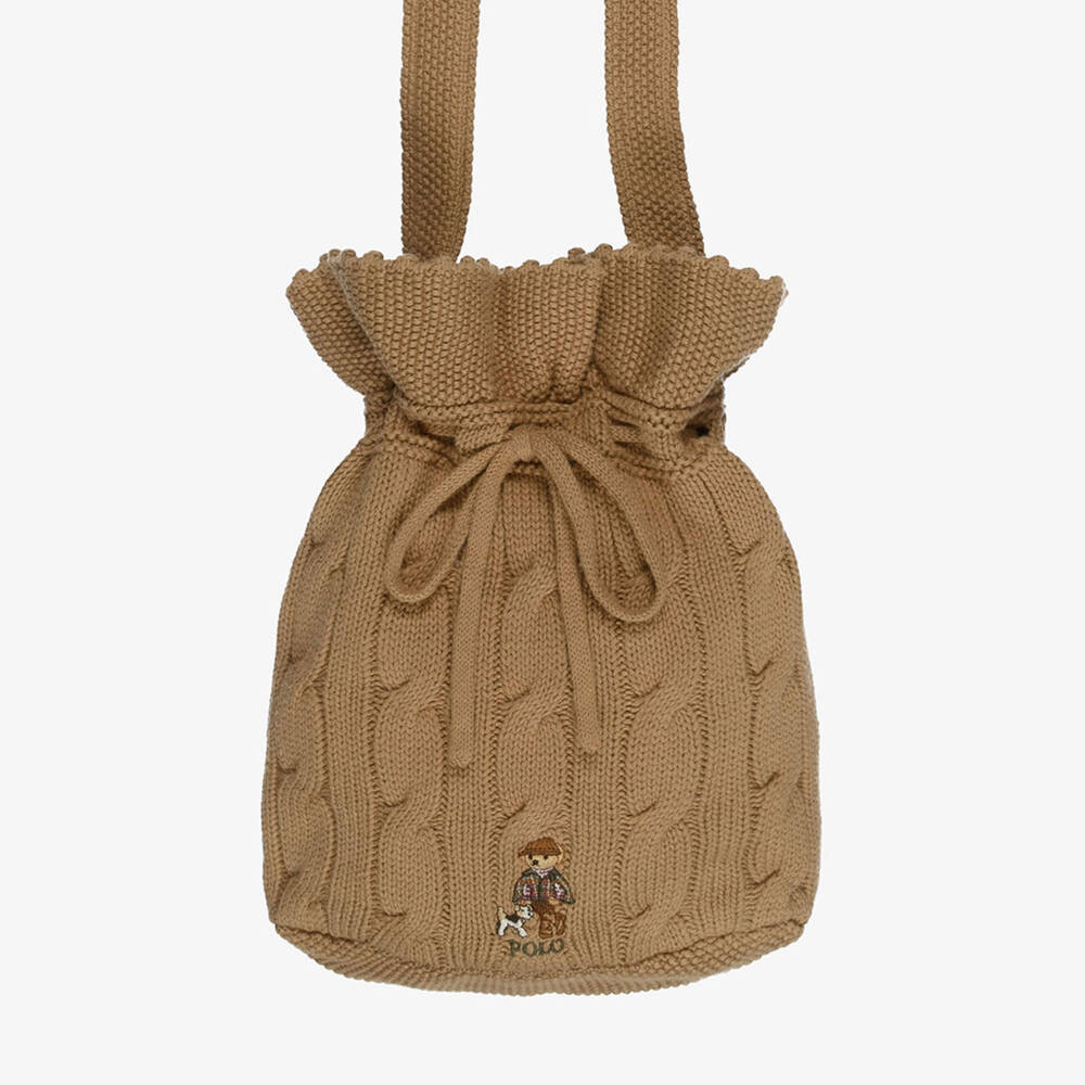 Ralph Lauren-Girls Beige Cotton Cable-Knit Bucket Bag (27cm) | Childrensalon