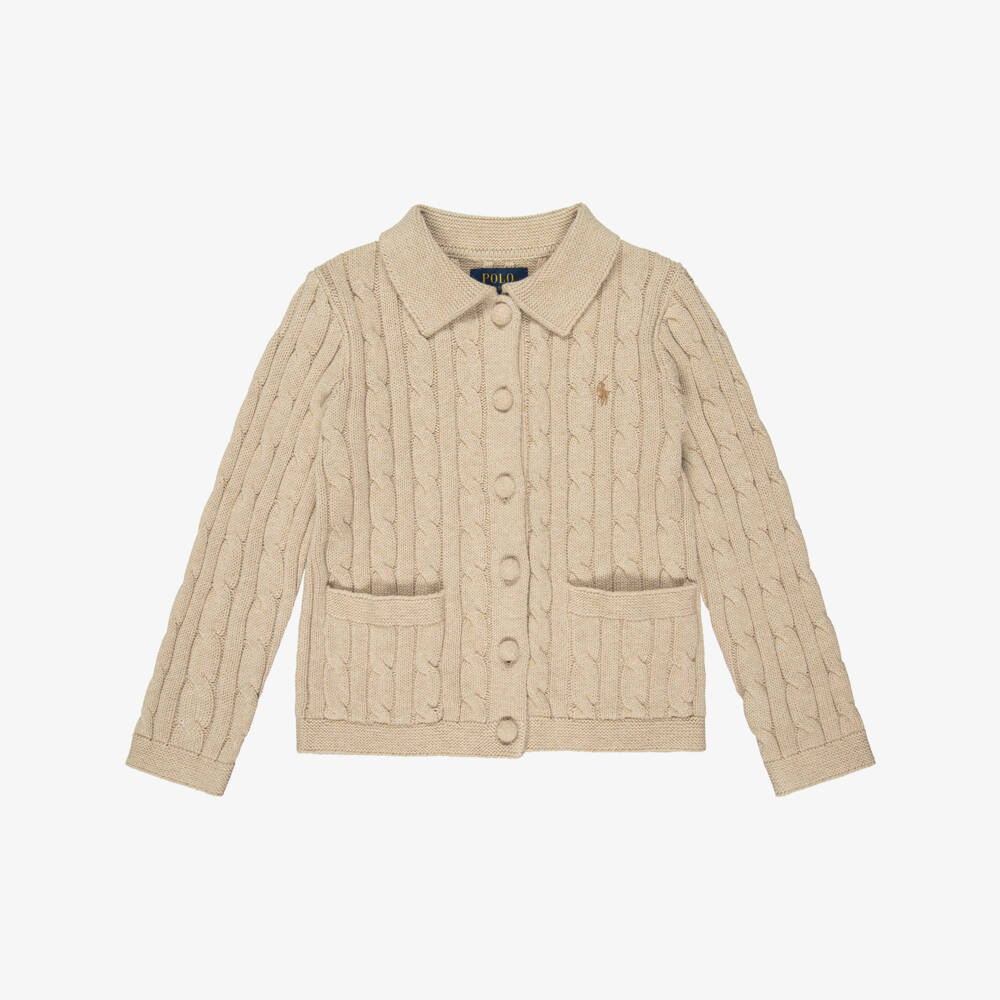 Ralph Lauren-Girls Beige Cotton Cable-Knit Cardigan | Childrensalon