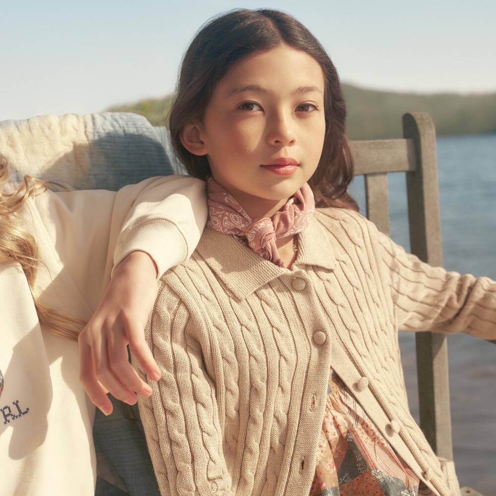Ralph Lauren-Girls Beige Cotton Cable-Knit Cardigan | Childrensalon