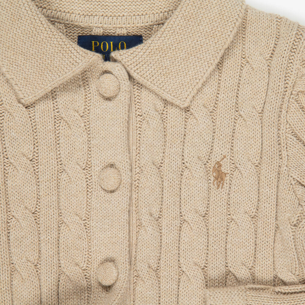 Ralph Lauren-Girls Beige Cotton Cable-Knit Cardigan | Childrensalon