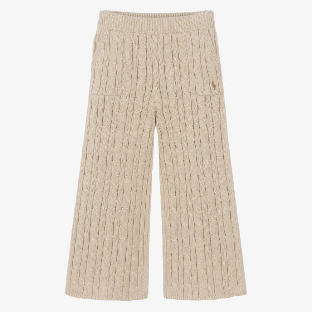 Ralph Lauren-Girls Beige Cotton Cable-Knit Trousers | Childrensalon