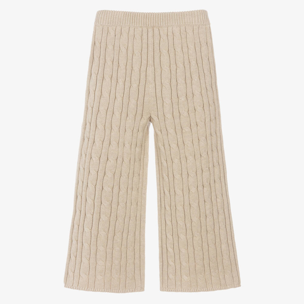 Ralph Lauren-Girls Beige Cotton Cable-Knit Trousers | Childrensalon