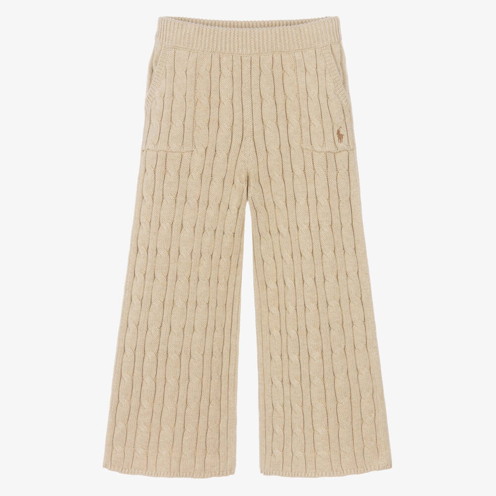 Ralph Lauren-Girls Beige Cotton Cable-Knit Trousers | Childrensalon