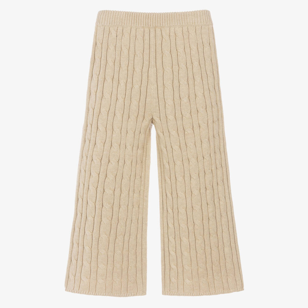 Ralph Lauren-Girls Beige Cotton Cable-Knit Trousers | Childrensalon