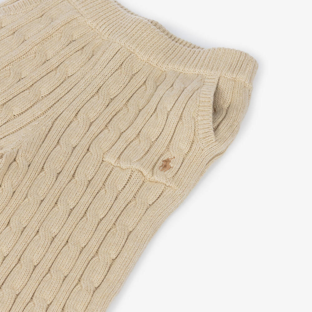 Ralph Lauren-Girls Beige Cotton Cable-Knit Trousers | Childrensalon