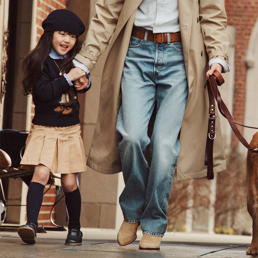 Ralph Lauren-Girls Beige Cotton Twill Pleated Skirt | Childrensalon