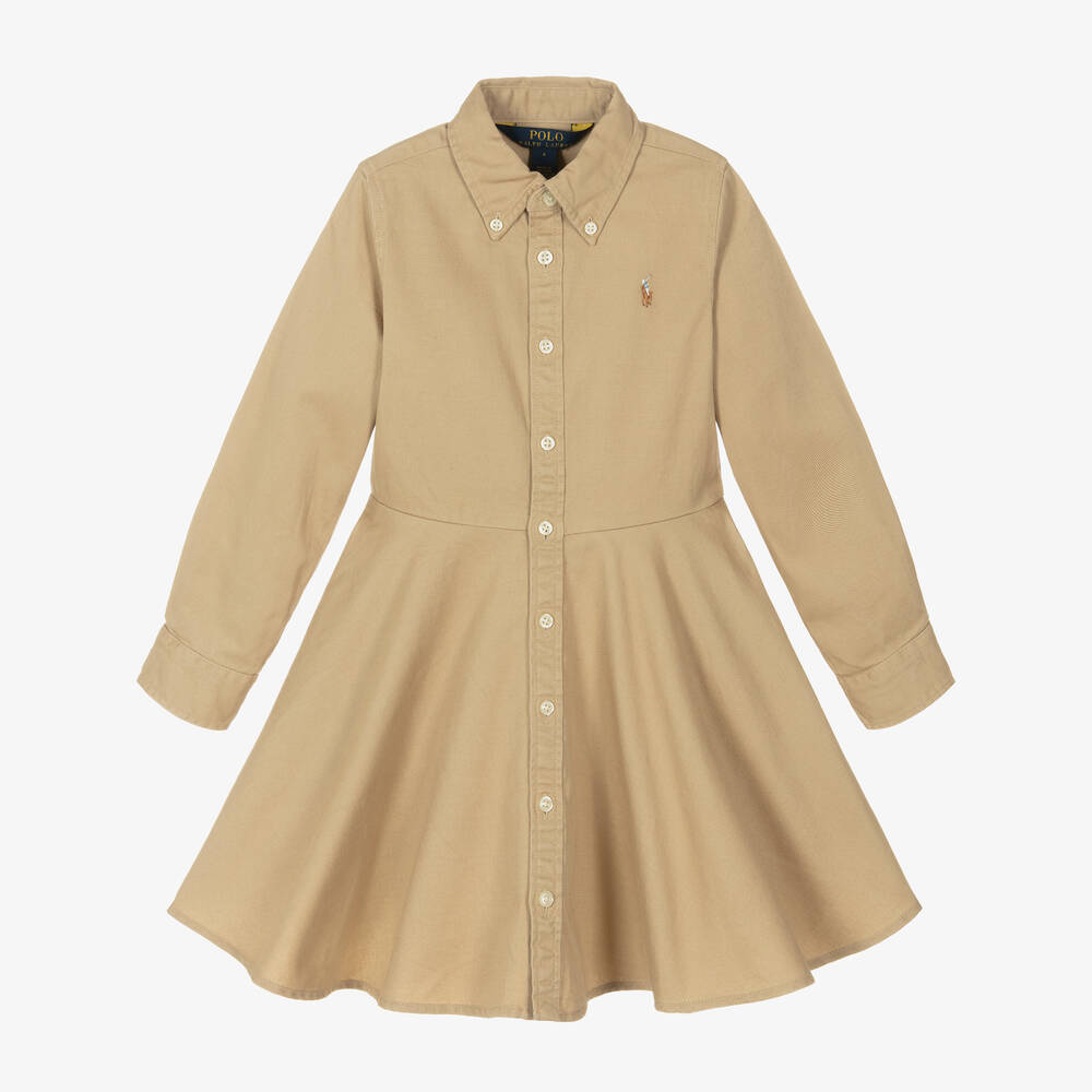 Ralph Lauren-Girls Beige Cotton Twill Shirt Dress | Childrensalon