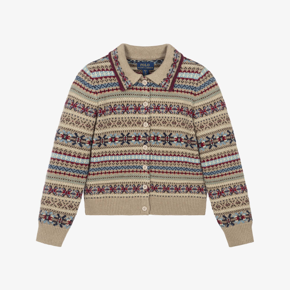 Ralph Lauren-Girls Beige Fair Isle Knit Cardigan | Childrensalon
