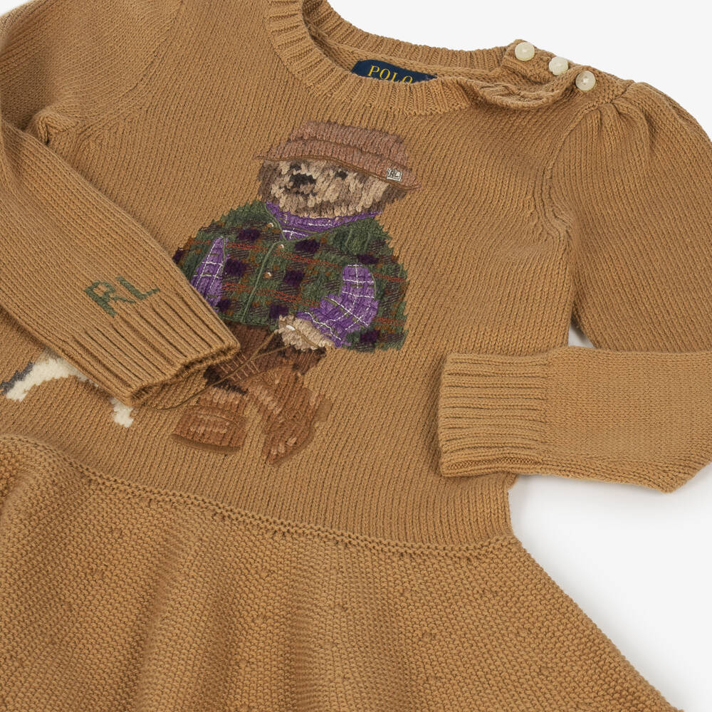 Ralph Lauren-Girls Beige Polo Bear Sweater Dress | Childrensalon