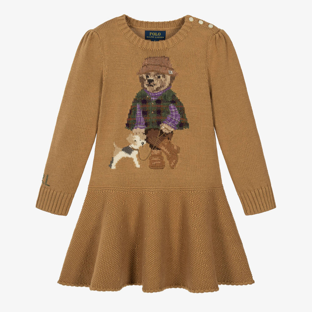 Ralph Lauren-Girls Beige Polo Bear Sweater Dress | Childrensalon