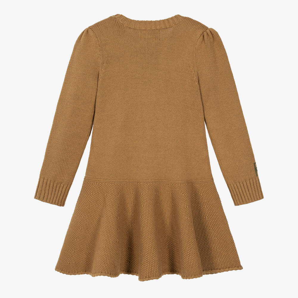 Ralph Lauren-Girls Beige Polo Bear Sweater Dress | Childrensalon