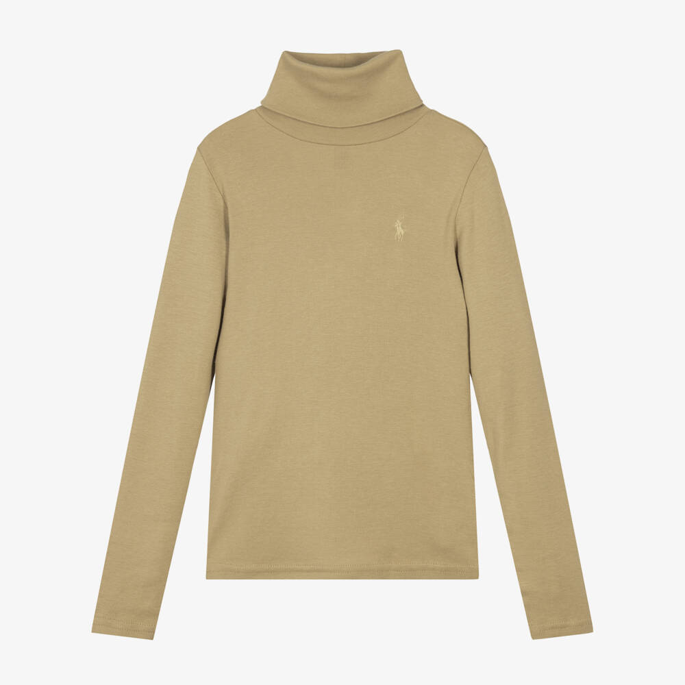 Ralph Lauren-Girls Beige Roll Neck Top with Pony Embroidery | Childrensalon