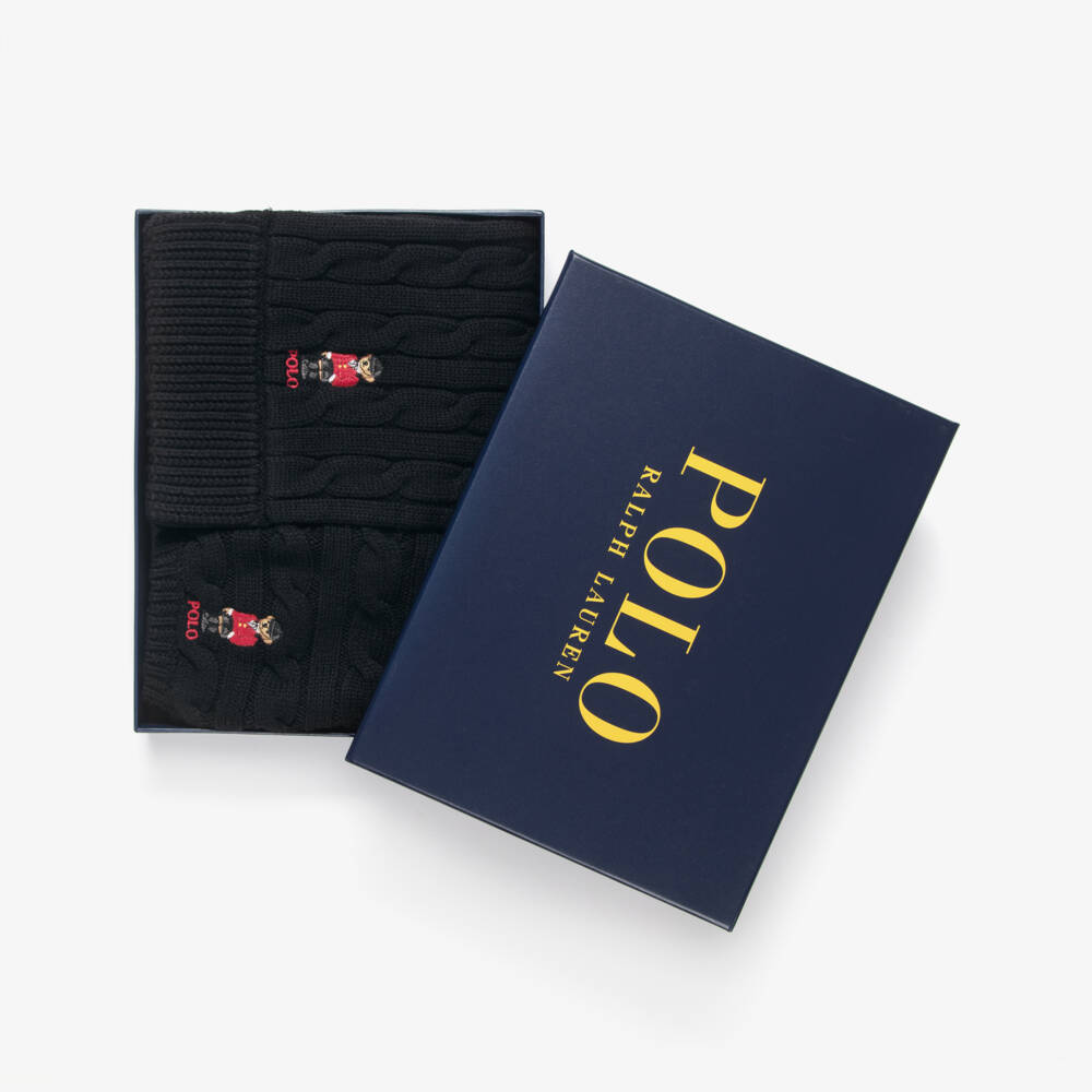 Ralph Lauren-Girls Black Equestrian Polo Bear Beret & Scarf Set | Childrensalon