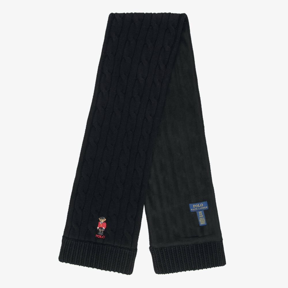 Ralph Lauren-Girls Black Equestrian Polo Bear Beret & Scarf Set | Childrensalon