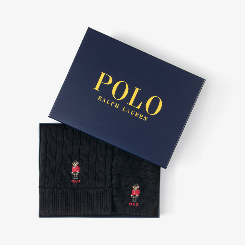 Ralph Lauren-Girls Black Equestrian Polo Bear Beret & Scarf Set | Childrensalon