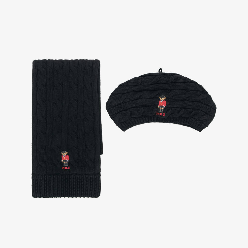 Ralph Lauren-Girls Black Equestrian Polo Bear Beret & Scarf Set | Childrensalon