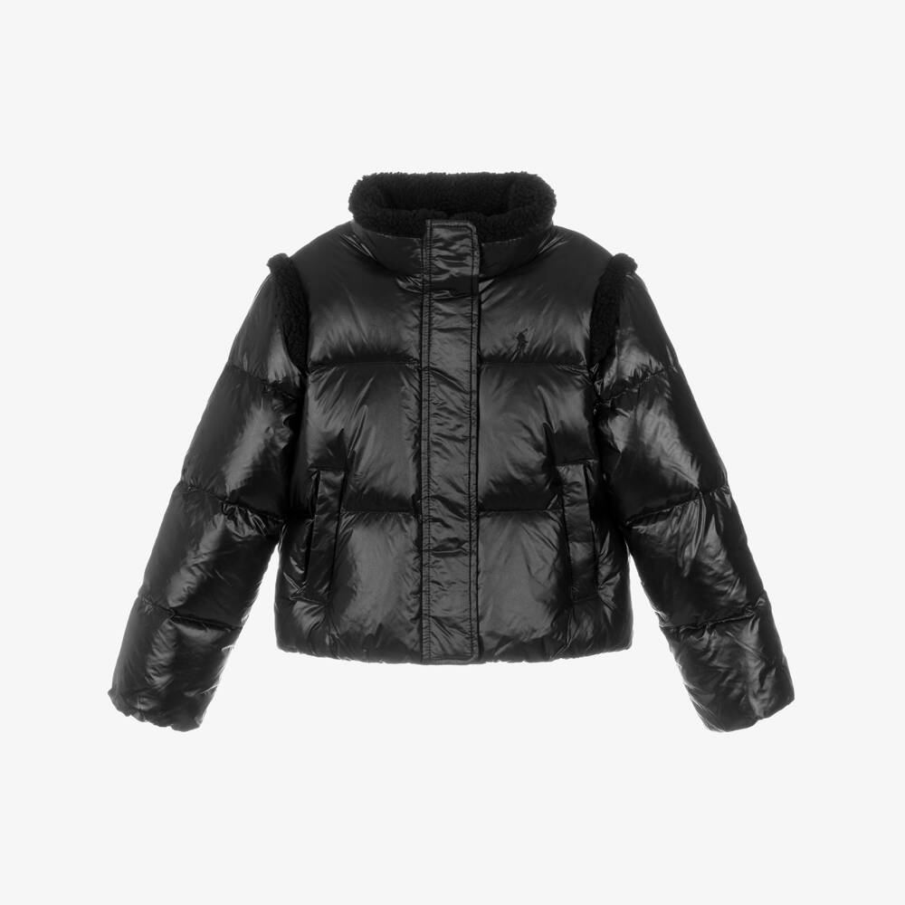 Ralph Lauren-Girls Black Gloss Puffer Jacket with Sherpa Trims | Childrensalon