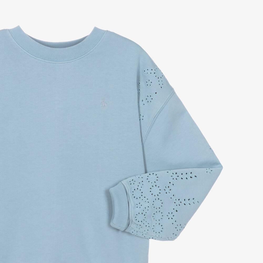 Ralph Lauren-Girls Blue Broderie Anglaise Sweatshirt | Childrensalon