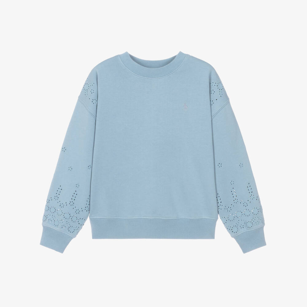 Ralph Lauren-Girls Blue Broderie Anglaise Sweatshirt | Childrensalon