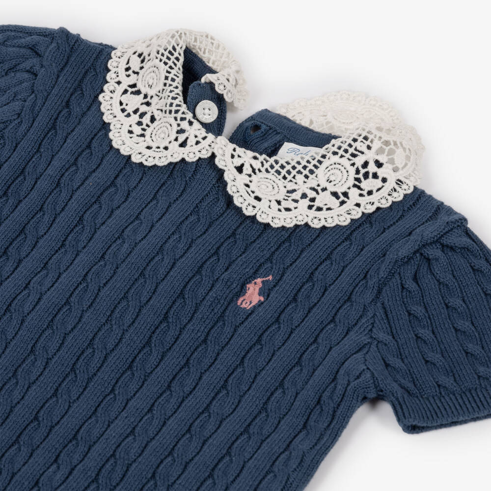 Ralph Lauren-Girls Blue Cable Knit Dress with Lace Collar | Childrensalon