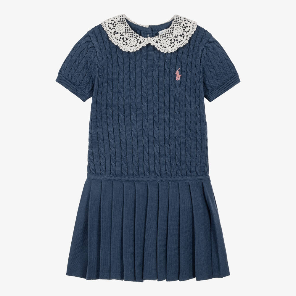 Ralph Lauren-Girls Blue Cable Knit Dress with Lace Collar | Childrensalon