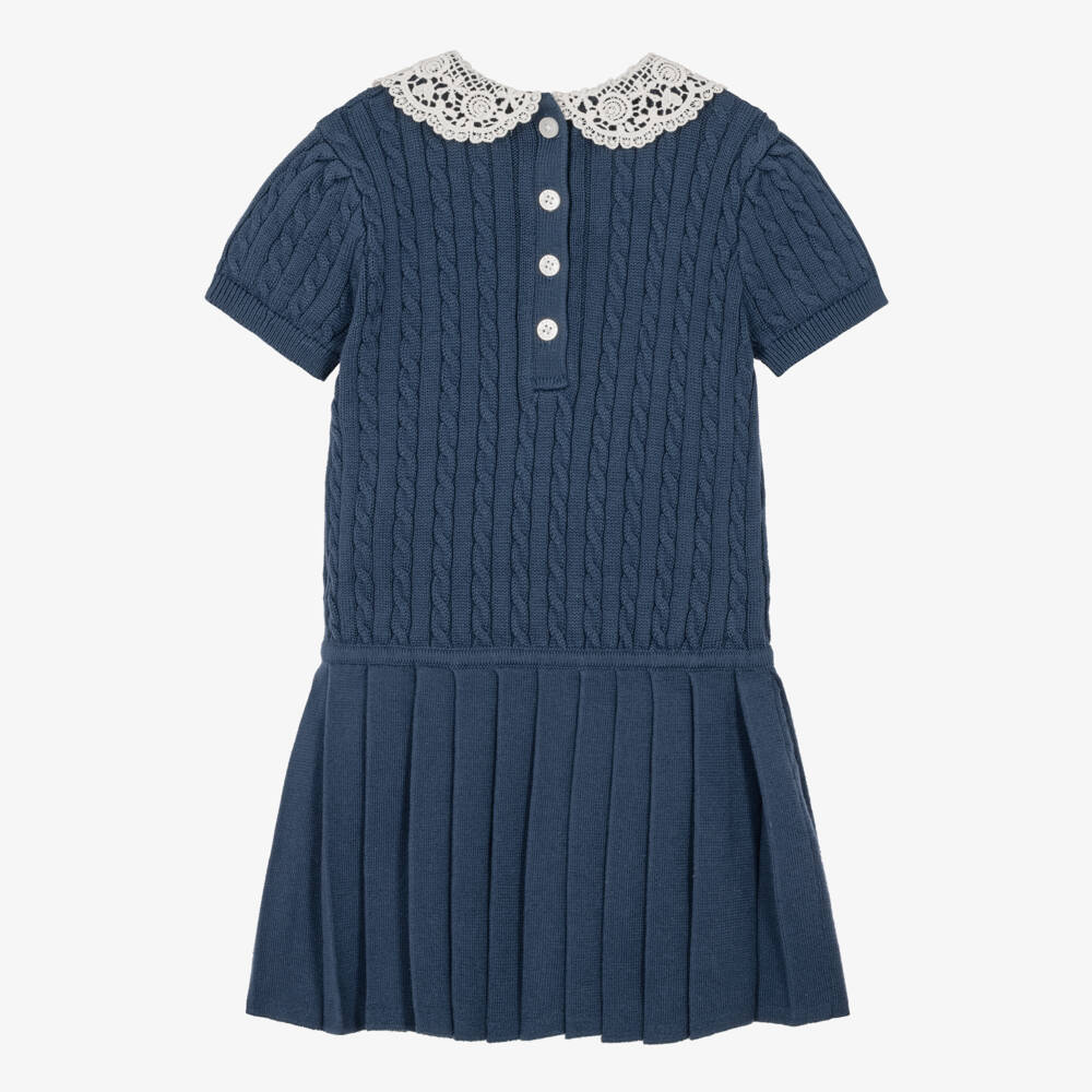 Ralph Lauren-Girls Blue Cable Knit Dress with Lace Collar | Childrensalon