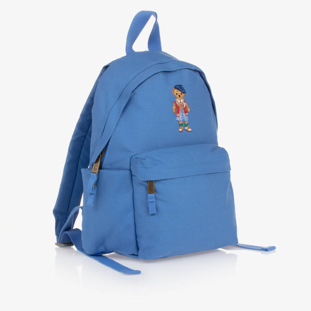 Ralph Lauren-Girls Blue Canvas Polo Bear Backpack (37cm) | Childrensalon