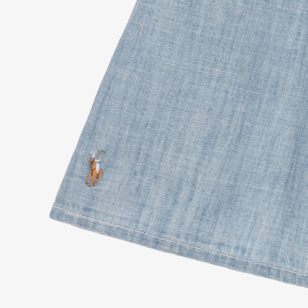 Ralph Lauren-Girls Blue Chambray Shirt Dress with Embroidered Collar | Childrensalon