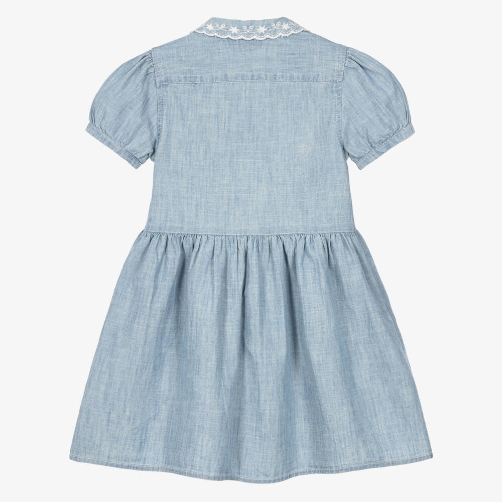 Ralph Lauren-Girls Blue Chambray Shirt Dress with Embroidered Collar | Childrensalon
