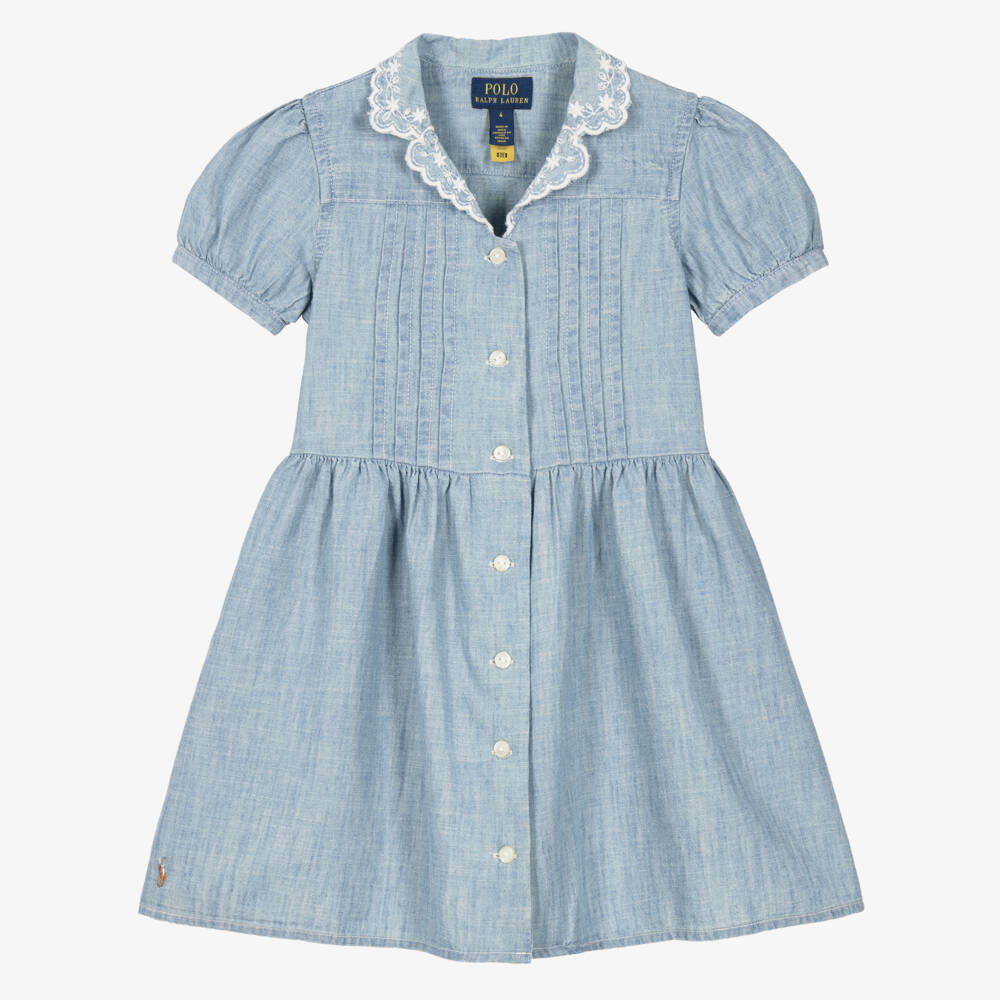 Ralph Lauren-Girls Blue Chambray Shirt Dress with Embroidered Collar | Childrensalon