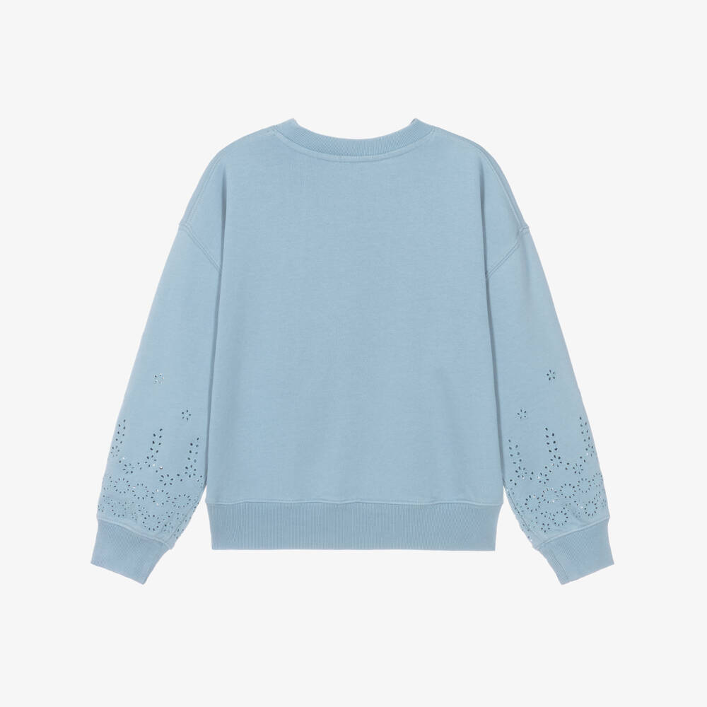 Ralph Lauren-Girls Blue Cotton Broderie Anglaise Sweatshirt | Childrensalon