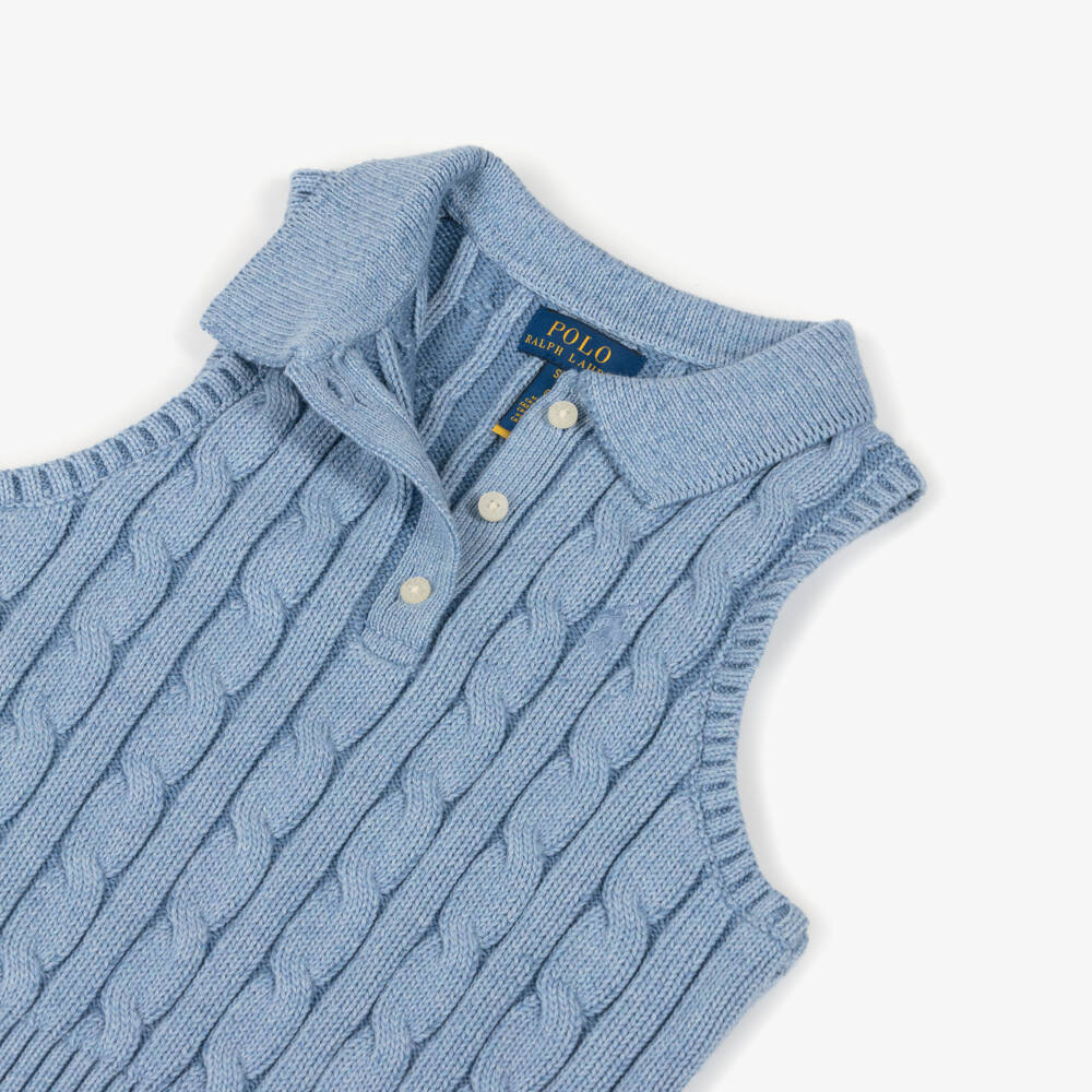 Ralph Lauren-Girls Blue Cotton Cable Knit Sleeveless Polo Top | Childrensalon