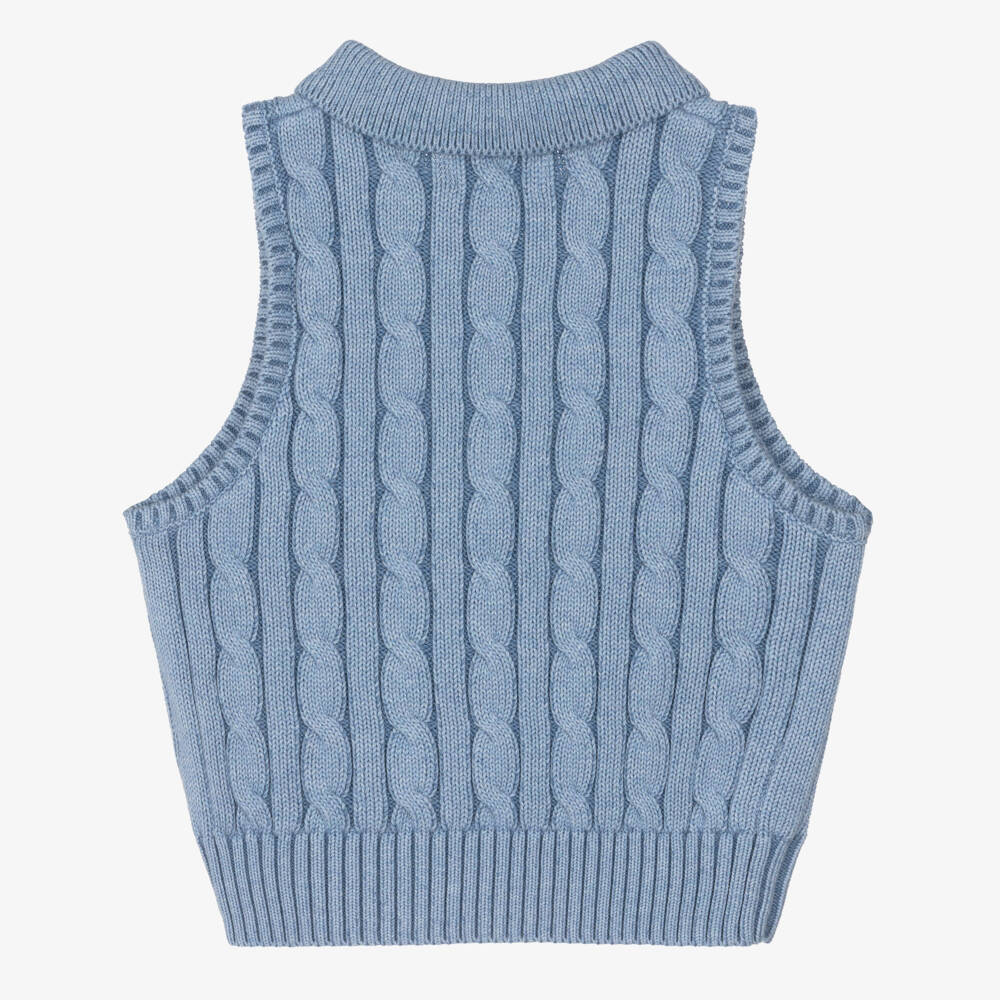 Ralph Lauren-Girls Blue Cotton Cable Knit Sleeveless Polo Top | Childrensalon