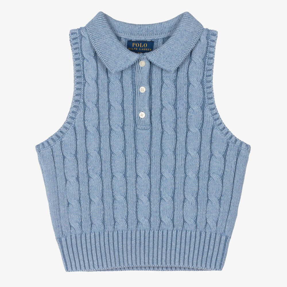 Ralph Lauren-Girls Blue Cotton Cable Knit Sleeveless Polo Top | Childrensalon