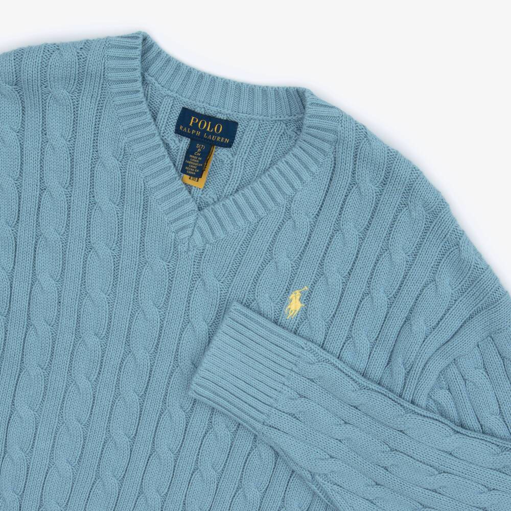 Ralph Lauren-Girls Blue Cotton Cable-Knit Sweater | Childrensalon