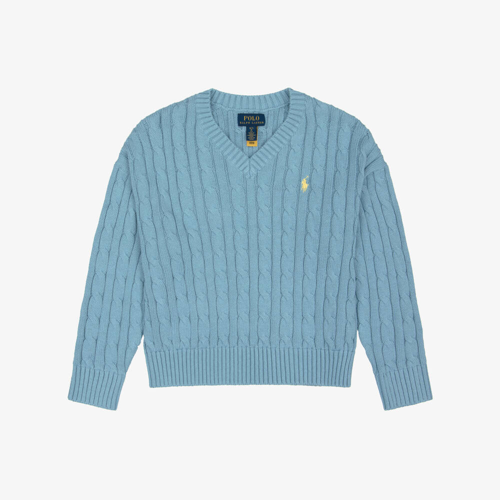 Ralph Lauren-Girls Blue Cotton Cable-Knit Sweater  | Childrensalon