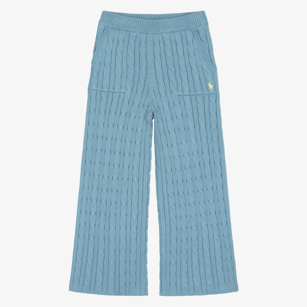 Ralph Lauren-Girls Blue Cotton Cable-Knit Trousers | Childrensalon