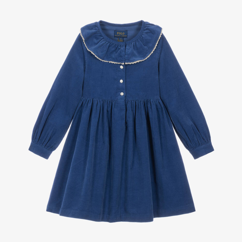 Ralph Lauren-Girls Blue Cotton Corduroy Collared Dress | Childrensalon