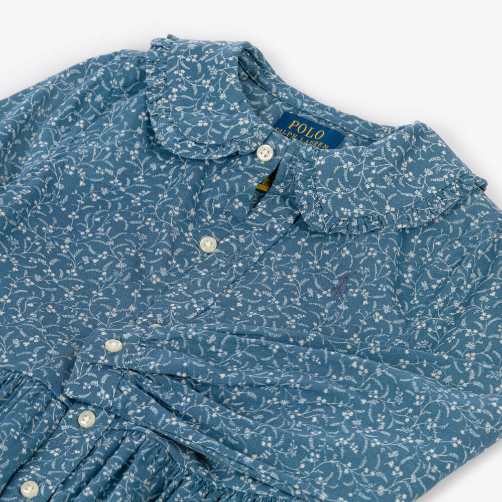 Ralph Lauren-Girls Blue Cotton Floral Print Shirt Dress | Childrensalon