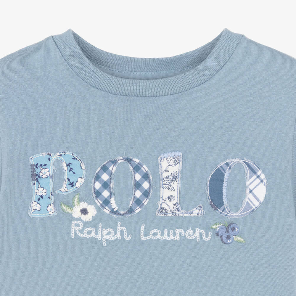 Ralph Lauren-Girls Blue Cotton Jersey T-Shirt with Appliqué Logo | Childrensalon