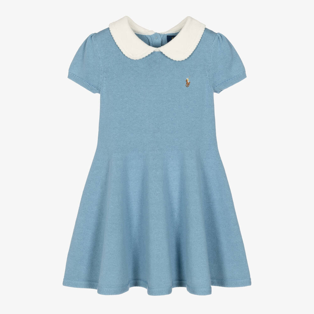 Ralph Lauren-Girls Blue Cotton Knit Dress | Childrensalon