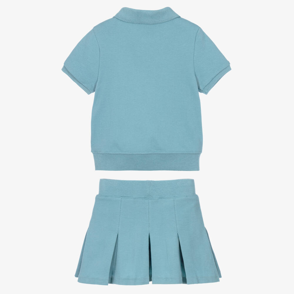 Ralph Lauren-Girls Blue Cotton Piqué Pleated Skort Set | Childrensalon