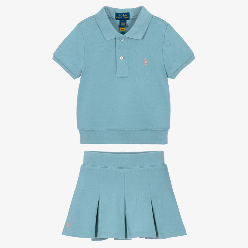 Ralph Lauren-Girls Blue Cotton Piqué Pleated Skort Set | Childrensalon