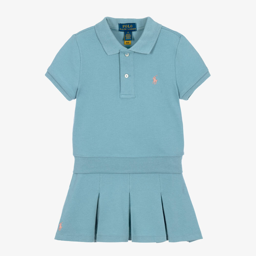 Ralph Lauren-Girls Blue Cotton Piqué Pleated Skort Set | Childrensalon